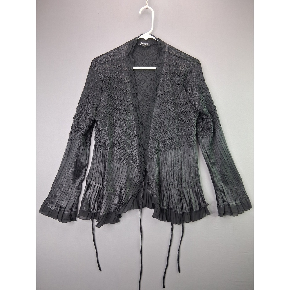 Adore Cardigan Popcorn Smocked Pleated Ruffle Tie Front M Black Vintage Style